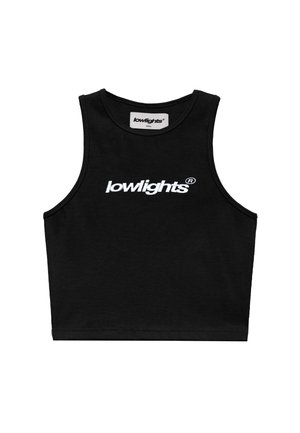 Musta ribbitty crop-top, jossa on pyöreä kaula-aukko ja valkoinen "lowlights" -logo painettuna selkeästi etupuolelle. Koko: Pieni.