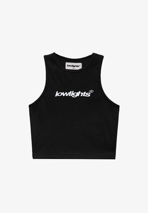 Černý žebrovaný top na ramínka s kulatým výstřihem a výrazným bílým logem "lowlights" tištěným na přední straně. Velikost: S.