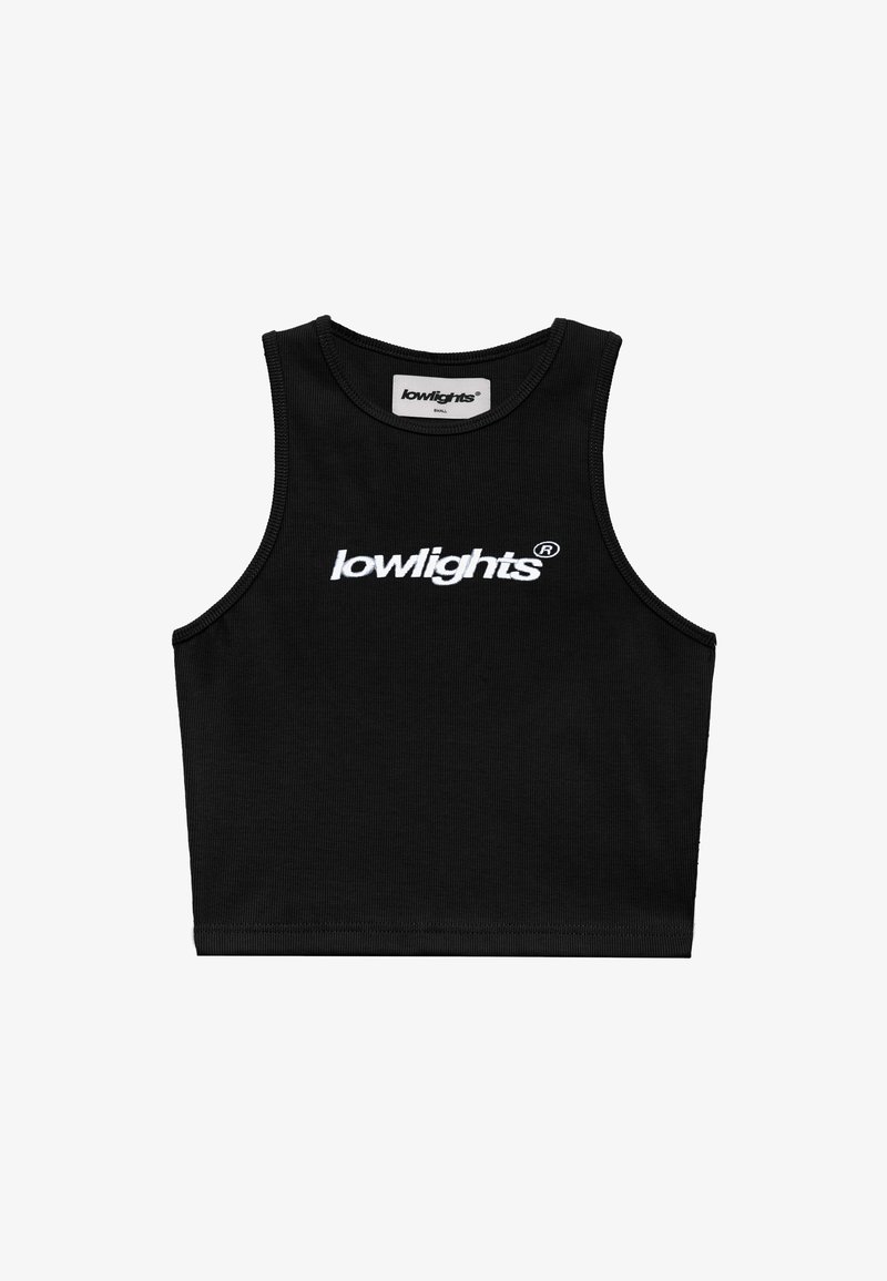 Μαύρο ριγέ κοντό tank top με στρογγυλή λαιμόκοψη και το λευκό λογότυπο "lowlights" εκτυπωμένο έντονα στο μπροστινό μέρος. Ετικέτα μεγέθους: Μικρό.