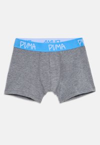 Boxer-briefs gris avec une ceinture élastique bleue arborant des logos Puma blancs, posés à plat sur un fond blanc.