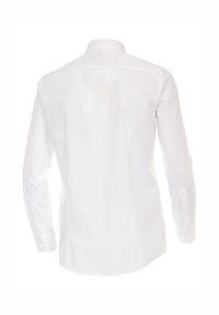 Camicia bianca a maniche lunghe vista da dietro, con colletto classico e polsini con bottoni.