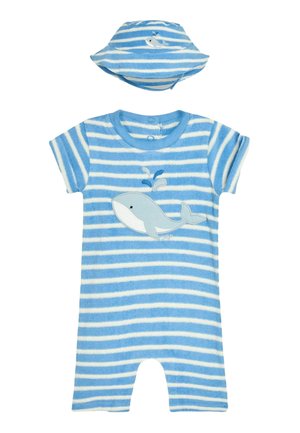Blå og hvidstribet kortærmet jumpsuit med et hvalmotiv, lavet af blødt stof, parret med en matchende bøttehat med samme design.