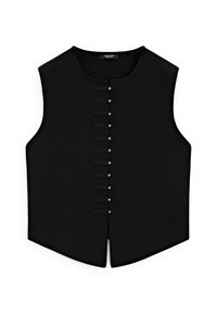 Schwarzes ärmelloses Oberteil mit rundem Ausschnitt, das eine Knopfleiste mit kleinen schwarzen Knöpfen auf der Vorderseite aufweist. Glatte Stofftextur.