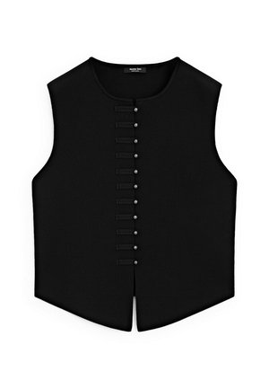 Gilet sans manches noir avec un col rond, doté d'une fermeture à boutons avec de petits boutons noirs sur le devant. Texture de tissu lisse.