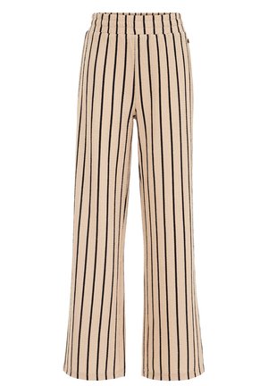 Beige Hosen mit weitem Bein, vertikalen schwarzen Streifen und elastischem Bund, aus strukturiertem Stoff gefertigt.