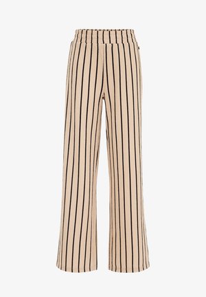 Beżowe spodnie o szerokich nogawkach z pionowymi czarnymi paskami i elastycznym pasem, wykonane z teksturowanej tkaniny.