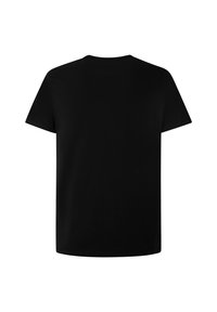 Schwarzes, kurzärmeliges T-Shirt, von hinten auf weißem Hintergrund gezeigt, mit rundem Ausschnitt und ohne sichtbare Muster oder Logos.