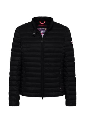 Black quilted lightweight jacket with front zipper, snap collar detail, and zippered side pockets, labeled "Frieda & Freddies" inside collar.