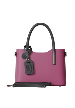 Fuchsia leather handbag with grey handles, featuring a detachable strap, textured surface, and a tag reading "Genuine Leather Made in Italy."
