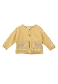 Cárdigan de punto amarillo con mangas largas, botones de madera y un dobladillo estampado con motivos de osos y acentos geométricos.