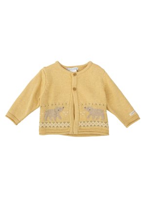 Cárdigan de punto amarillo con mangas largas, botones de madera y un dobladillo estampado con motivos de osos y acentos geométricos.