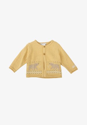 Cárdigan de punto amarillo con mangas largas, botones de madera y un dobladillo estampado con motivos de osos y acentos geométricos.