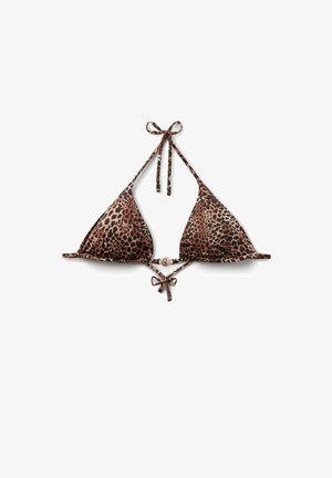 Triangle bikini top with brown and black leopard print, halter neck and back ties with a small decorative bead at the center front.