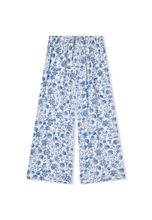 Pantaloni a gamba larga realizzati in tessuto leggero, con un motivo floreale blu su sfondo bianco. Vita elastica per il massimo comfort.