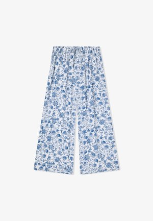 Pantaloni a gamba larga realizzati in tessuto leggero, con un motivo floreale blu su sfondo bianco. Vita elastica per il massimo comfort.