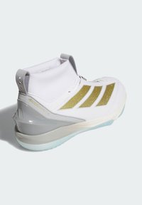 Białe sportowe buty z szarymi akcentami, kołnierzem przypominającym skarpetkę, górą z złotymi paskami i przezroczystą podeszwą. Posiadają elegancki, współczesny design.