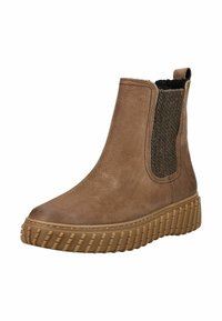 Botas de cuero marrón hasta el tobillo con paneles laterales elásticos, acentos texturizados y una suela de goma gruesa con un patrón estriado.