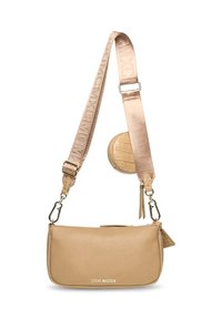 Borsa a tracolla beige realizzata in materiale testurizzato, dotata di logo, pochette rotonda rimovibile per le monete e tracolla regolabile con motivo.