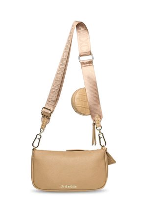 Borsa a tracolla beige realizzata in materiale testurizzato, dotata di logo, pochette rotonda rimovibile per le monete e tracolla regolabile con motivo.