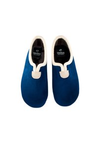 Zapatillas de ante azul con un ribete beige, con un forro interior suave y un diseño sencillo. Abertura amplia para un fácil acceso.