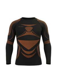 Black long-sleeve shirt featuring orange textured patterns and accents, with a fitted design and round neckline. Made of stretchy material.
