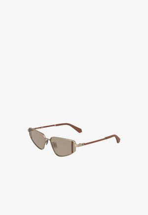 Sonnenbrille mit schrägen braunen Gläsern, dünnem metallischem goldenen Rahmen und hochwertigen braunen Kunststoffbügelenden. Mit einem dezenten Logo auf dem Glas.