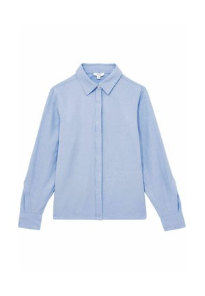 Light blue long-sleeve shirt with a button-down front and collar. Made from a smooth fabric, featuring subtle stitching on the cuffs.