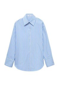 Camicia a maniche lunghe a righe blu chiaro e bianche con design a bottoni, colletto a punta e tessuto morbido con vestibilità rilassata.