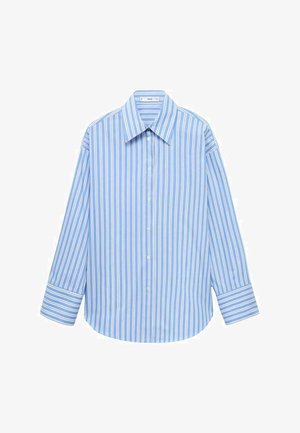 Light blue and white striped long-sleeve shirt featuring a button-up design, pointed collar, and smooth fabric with a relaxed fit.