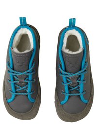 Gray leather hiking shoes with blue accents and laces, textured gray suede trim, plush white lining, and rear pull tabs for easy wear.