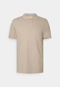 Beige short-sleeve polo shirt made of cotton, featuring a classic collar, three-button placket, and subtle textured fabric.