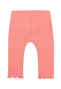 Leggings roses à côtes avec une texture douce, une taille élastique et un ourlet en forme de vagues. Sans poches ; design basique adapté à un usage décontracté.