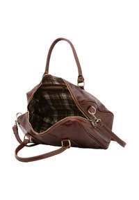 Borsa in pelle marrone con finitura lucida, dotata di manici doppi e un rivestimento interno a scacchi con una tasca con zip per l'organizzazione.