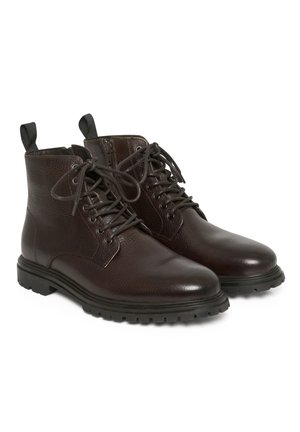 Brown leather ankle boots with laces, textured upper, rubber sole, and pull tabs. Features a side zipper for easy wear.