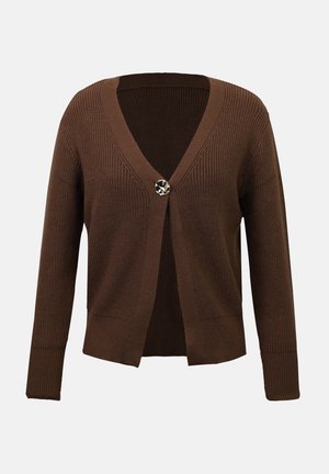 Cardigan marron tricoté avec un col en V profond, fermeture avant à boutons, poignets côtelés, et un motif texturé. Les boutons présentent un design décoratif.