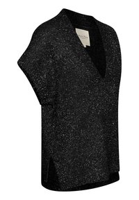 Haut noir à manches courtes avec un col en V, composé d'un tissu texturé présentant un léger éclat métallique et des fentes latérales pour faciliter les mouvements.