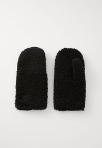 Pair of black fuzzy mittens, one showing front and one showing back with thumb, laid flat on white background.