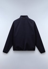 Dunkelblauer Fleece-Pullover mit hohem Kragen, Raglanärmel und strukturierten Oberflächen. Verfügt über ein Logo auf der linken Schulter.