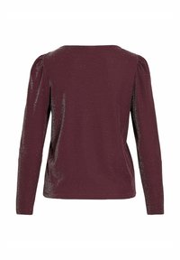 Bordeaux langermet topp med en glatt, teksturert overflate som har subtil metallisk glans; ryggen har firkantet utringning og lett puffede ermer.