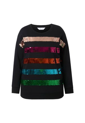 Felpa nera con strisce orizzontali di paillettes in oro rosa, magenta, arancione, teal e verde, con un classico colletto a girocollo.