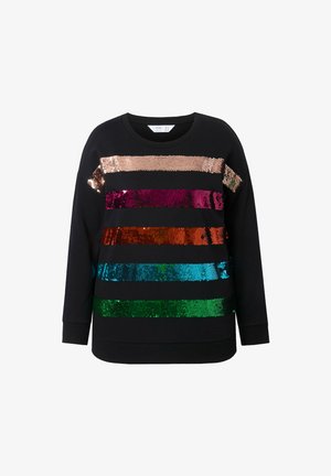 Felpa nera con strisce orizzontali di paillettes in oro rosa, magenta, arancione, teal e verde, con un classico colletto a girocollo.