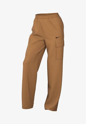 Braune Cargo-Hosen aus Stoff mit zwei Seitentaschen und einem elastischen Bund mit schwarzem Logo-Akzent. Gerades Bein Design.