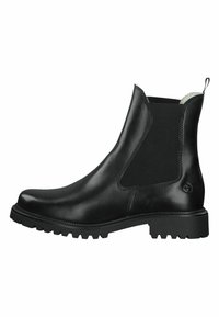 Bottines Chelsea noires avec panneaux latéraux élastiques, tige en cuir lisse, semelle en caoutchouc texturée et tirette au talon pour un enfilage facile.