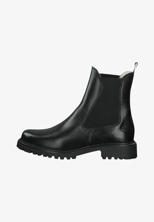 Botas Chelsea pretas com painéis laterais elásticos, cabedal em couro liso, sola de borracha texturizada e uma alça no calcanhar para facilitar o calçar.