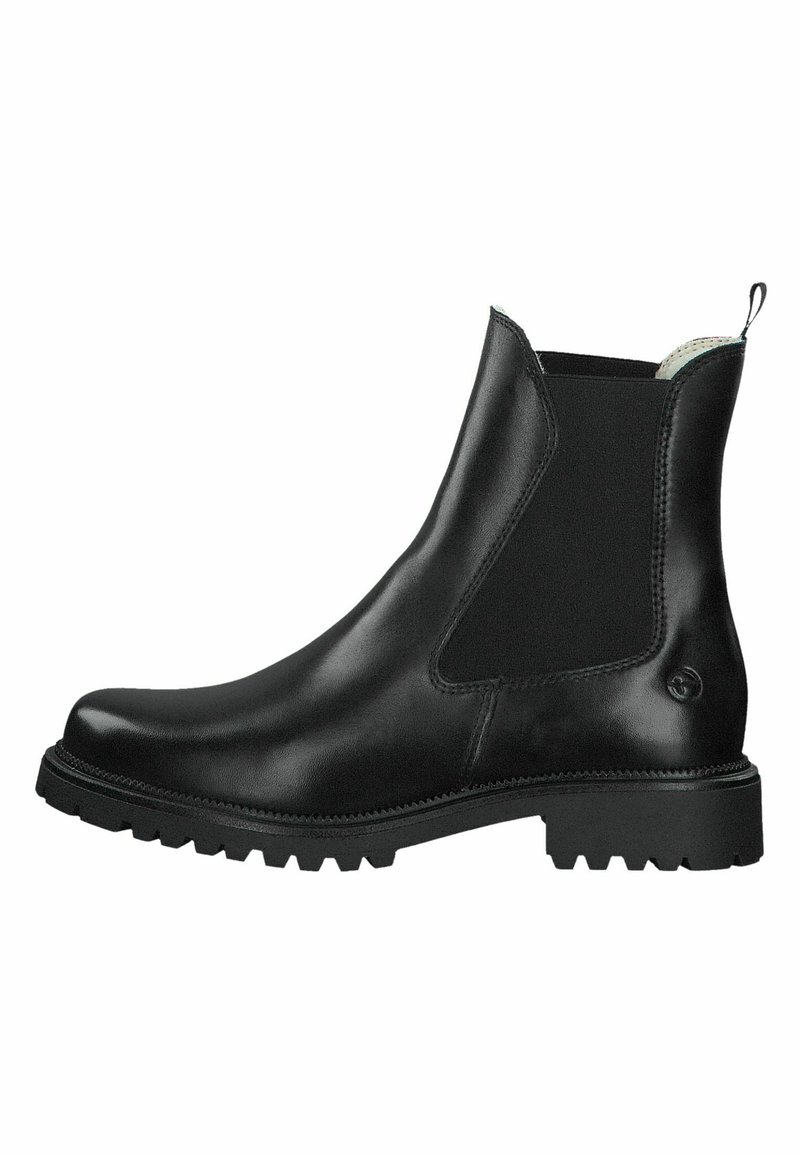 Bottines Chelsea noires avec panneaux latéraux élastiques, tige en cuir lisse, semelle en caoutchouc texturée et tirette au talon pour un enfilage facile.
