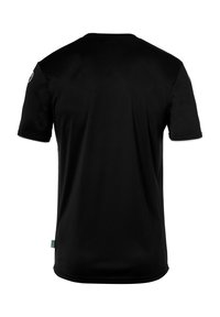 Sort kortærmet t-shirt lavet af glat stof, med rund hals og et lille mærke på den nedre side. Ingen synlige mønstre eller accenter.