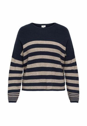 Marinblå och beige randig tröja med ribbad textur, rund halsringning och sänkt axel. Har breda horisontella ränder och smalare muddar.