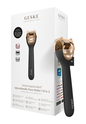 Roulette pour le visage avec poignée noire et tête microneedle en or rose, présentée à côté d’un emballage blanc listant les accessoires inclus et les caractéristiques techniques.