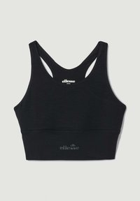 Czarny sportowy stanik o gładkiej teksturze, z przeszyciem w stylu racerback i detalem logo na brzegu, idealny do odzieży sportowej.