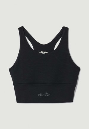 Schwarzer Sport-BH mit glatter Textur, Racerback-Design und Logodetail am Saum, geeignet für Sportbekleidung.